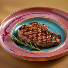 Wall Mural - A succulent grilled beef steak sizzling on a hot pink and blue ceramic plate, close-up shot, ideal for restaurant menus