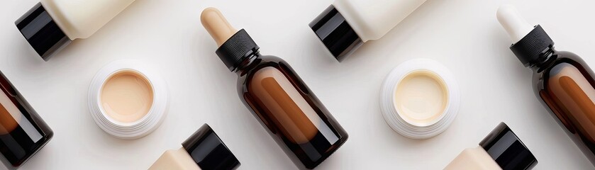 a flat lay of cosmetic bottles and jars with various skincare products, on a white background. perfe