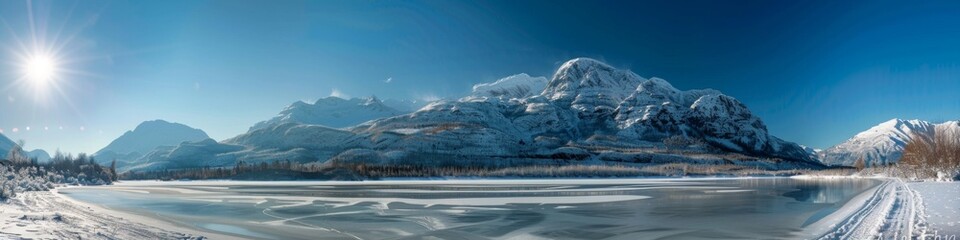 Wall Mural - Beautiful Winter Landscape with Snow-Covered Mountains and Frozen Lake Under Clear Blue Sky, Capturing the Essence of Seasonal Change, Holiday Getaways, and Natural Beauty for Stress Relief and Relaxa