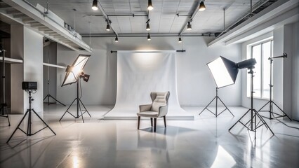 Empty photography studio with blank white background, lit by professional lighting, camera equipment, and empty chair awaiting model's presence.