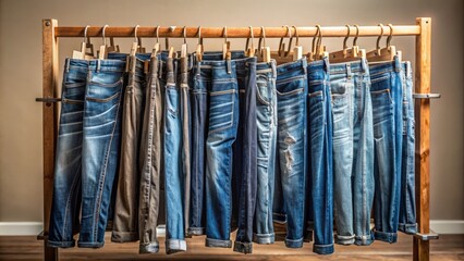 Wall Mural - Rustic wooden rack holds multiple pairs of stylish denim trousers in various shades, folded neatly, against a neutral background.