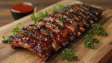 Wall Mural - Smokey grilled BBQ Ribs: BBQ ribs placed on a serving platter, with fresh garnishes like parsley and a side of BBQ sauce.