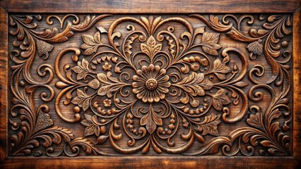 Wall Mural - Dark brown wooden decorative panel with intricate carvings and ornate floral patterns on a distressed rustic background texture.