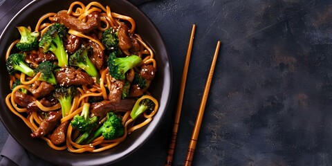 Poster - Savory Beef Broccoli Lo Mein with Tender Vegetables and Delicious Sauce. Concept Chinese cuisine, Beef recipes, Vegetable stir-fry, Noodle dishes, Flavorful sauces