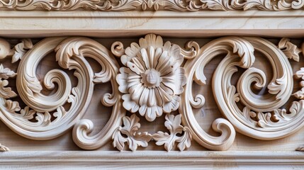 Wall Mural - Closeup on a traditional interior trim made of lightcolored wood featuring intricate designs and ornate carvings.