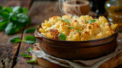 Wall Mural - A steaming bowl of macaroni and cheese topped with golden-brown roasted cauliflower on a rustic wooden table