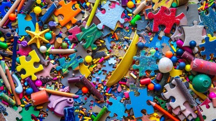 A surreal burst of nostalgia as puzzle pieces marbles and crayons all jumble together in a playful collision of childhood memories.