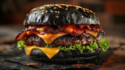 Poster - Black Burger with Cheese, Bacon and Lettuce