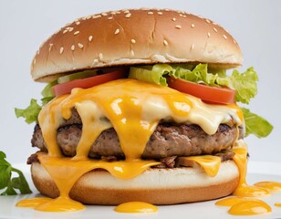 A large cheeseburger with melted cheese and lettuce on top