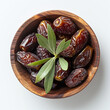 © Liyomax - Dried date and green mint in a bowl on white table close up. generated by AI