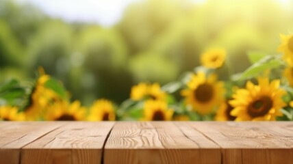 Wall Mural - Bright sunflowers on wooden table with soft-focus garden background. Sunflower garden with grass planted behind wooden table with blurring background. Summer bloom and nature with copy space. AIG35.