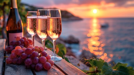 Sunset Celebration with Sparkling Wine and Grapes