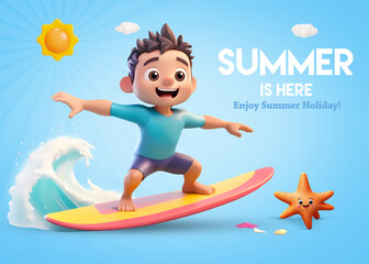 Wall Mural - Summer is here background with 3d surfer boy riding on surfboard on sea wave