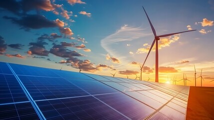  Windmill wind turbine and solar cell panel on blue sky at sunset