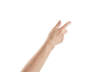 Wall Mural - mid aged woman hand reaching gesture isolated on white