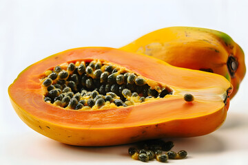 Wall Mural - whole and half of ripe papaya fruit with seeds isolated on white background