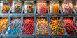 © Sariyono - Assorted colorful candies in clear bins at a candy store. Concept of sweets, indulgence, and childhood nostalgia