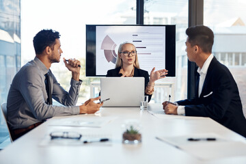 Canvas Print - Business people, planning and woman in boardroom for meeting, teamwork and brainstorming. Company merger, men and project manager for explain, feedback and marketing review with charts by tv screen