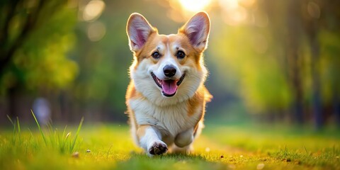 Canvas Print - Running happy corgi dog, corgi, dog, happy, energetic, playful, running, adorable, pet, animal, domestic, cute, fur, speed