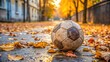 © Sujid - Old soccer ball covered in dirt and fallen leaves on the street during autumn, soccer, football, sports, autumn, leaves, dirty