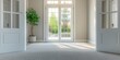 © Sariyono - A bright and empty room with large French doors opening to a sunny garden view. Concept of spacious interiors, tranquility, and home design