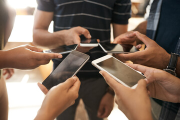 Poster - People, internet and hands in circle with smartphone for mobile collaboration, digital engagement and group connectivity. Closeup, technology and online for social media, networking and communication