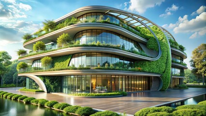 Wall Mural - render of a futuristic and sustainable eco building, architecture, green, eco-friendly