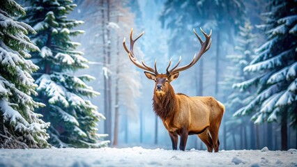 Poster - Majestic elk standing in a snowy forest , elk, wildlife, winter, nature, cold, snow, forest, majestic, antlers, landscape, wilderness