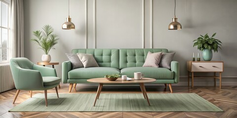 Canvas Print - Modern living room with a green mint sofa, vintage coffee table, and Mid-century retro style decor , modern