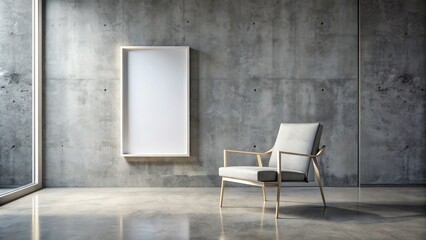 Elegant white poster frame avec modern chair on polished concrete floor, creating a sophisticated and minimalist interior ambiance.