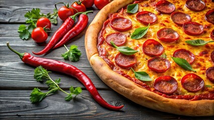 Sticker - Pepperoni pizza with spicy chili peppers and melted cheese, pepperoni, pizza, chili peppers, spicy, food, Italian, delicious