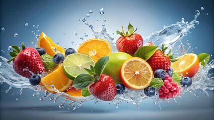 Wall Mural - rendering of water splashing on various fruits, water, splash, fruits, rendering,fresh, healthy, produce, vibrant, colorful