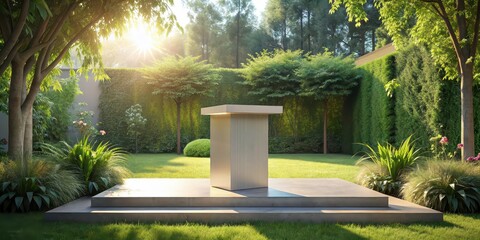 Sticker - Minimalist empty podium in a sunlit garden, providing a serene setting for presentations , serene, podium, minimalist