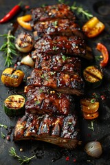 Wall Mural - Ribs with Vegetables: BBQ ribs on the grill alongside colorful vegetables like bell peppers, onions, and zucchini.