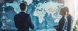 © LailaBee - Business Professionals Analyzing Global Market Trends on Interactive World Map in Modern Office