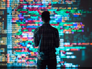 Programmer Stands Before Projected Code Screen Showcasing Technology and Software Development