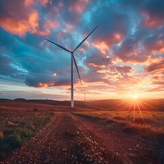 Wall Mural - Wind Turbines Silhouetted Against a Vibrant Sunset Sky in Picturesque Rural Landscape