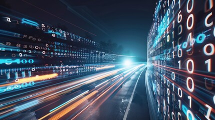 Digital Highway - Binary Code and Speeding Lights
