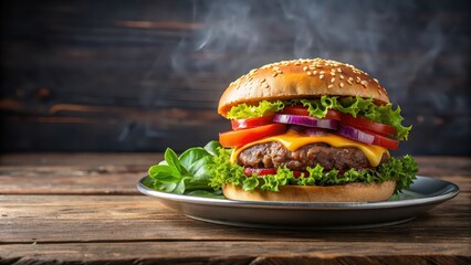 Canvas Print - Plate of freshly grilled burger, hamburger, food, tasty, delicious, fast food, sandwich, meal, beef, cheese, lettuce, tomato, barbecue