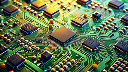 green circuit board densely populated with a variety of electronic components. Emphasized by their metallic sheen against the green surface, gold and silver components include chips and possibly CPU 