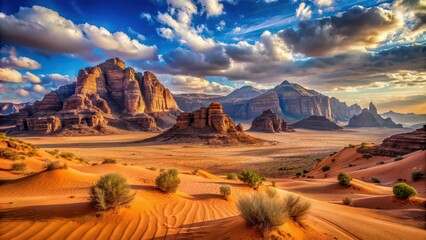 Canvas Print - Majestic landscape of Wadi Rum desert country in Jordan, desert, sand, rocks, mountains, arid, vast, scenic