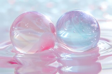 Sticker - Soft pastel orbs in pink and blue on a reflective surface, perfect for dreamy and gentle design backgrounds.