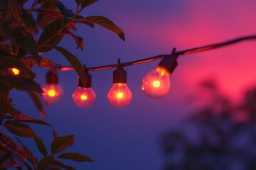 Wall Mural - Red string lights on a purple background creating a romantic and warm evening atmosphere for cozy designs.