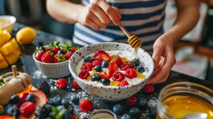 Wall Mural - Preparing a nutritious breakfast, a woman mixes natural yogurt with fresh raspberries, blueberries, strawberries, and blackberries, with a bowl of honey and various fresh fruits nearby.