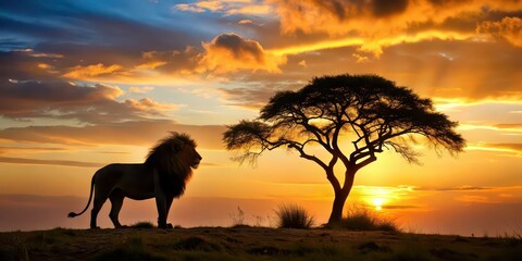 Sticker - Majestic lion overlooking a tree silhouette in the Serengeti landscape, lion, majestic, tree, silhouette, Serengeti