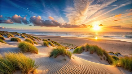 Sticker - Panorama landscape of sand dunes system on beach at sunrise , sand dunes, beach, sunrise, panorama, landscape, nature, sandy