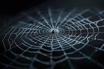 Close-up of a dewy spider web with a spider at its center, sparkling in the early morning light.