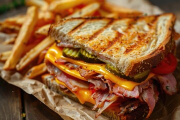 Wall Mural - Sandwich and French Fries on Table