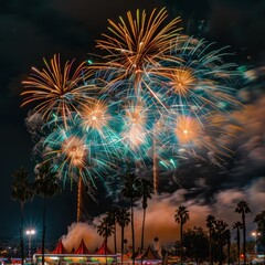 fireworks in the sky over palm trees