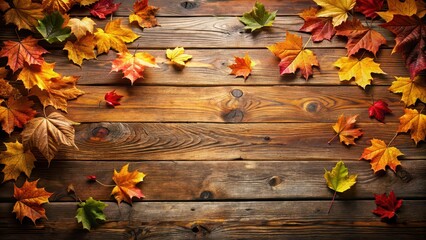 Canvas Print - Rustic wooden table scattered with autumn leaves, ideal for seasonal promotions, autumn, leaves, rustic, wooden, table